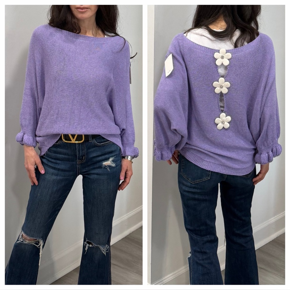 MADE IN ITALY Lavender Sweater with Floral Back Detail